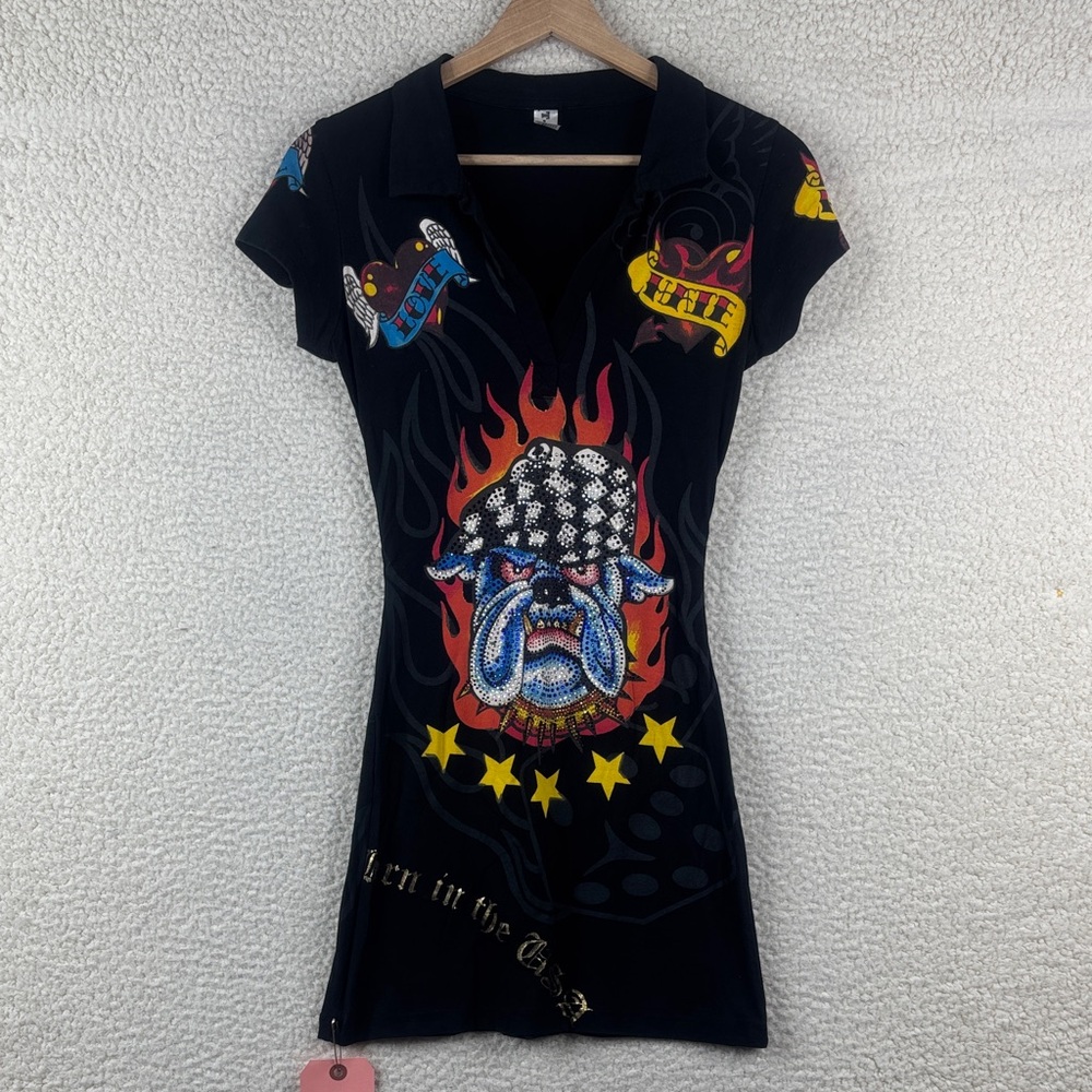 T-Flush Womens Black Rhinestone Bulldog And Graphic Cotton Mini Dress Size XS